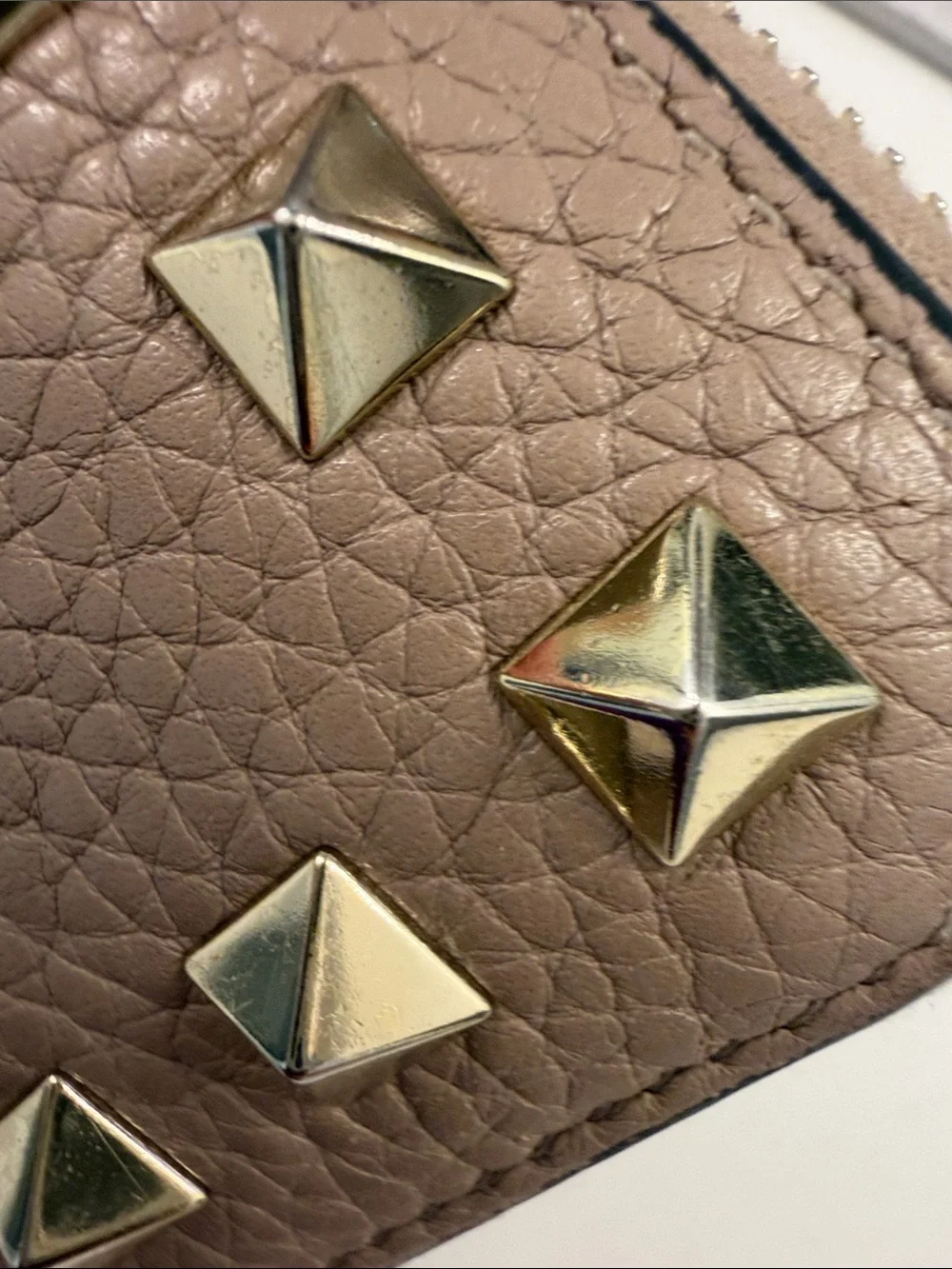 Valentino Garavani Taupe Pebbled Leather Zip Wallet with Gold Studs
